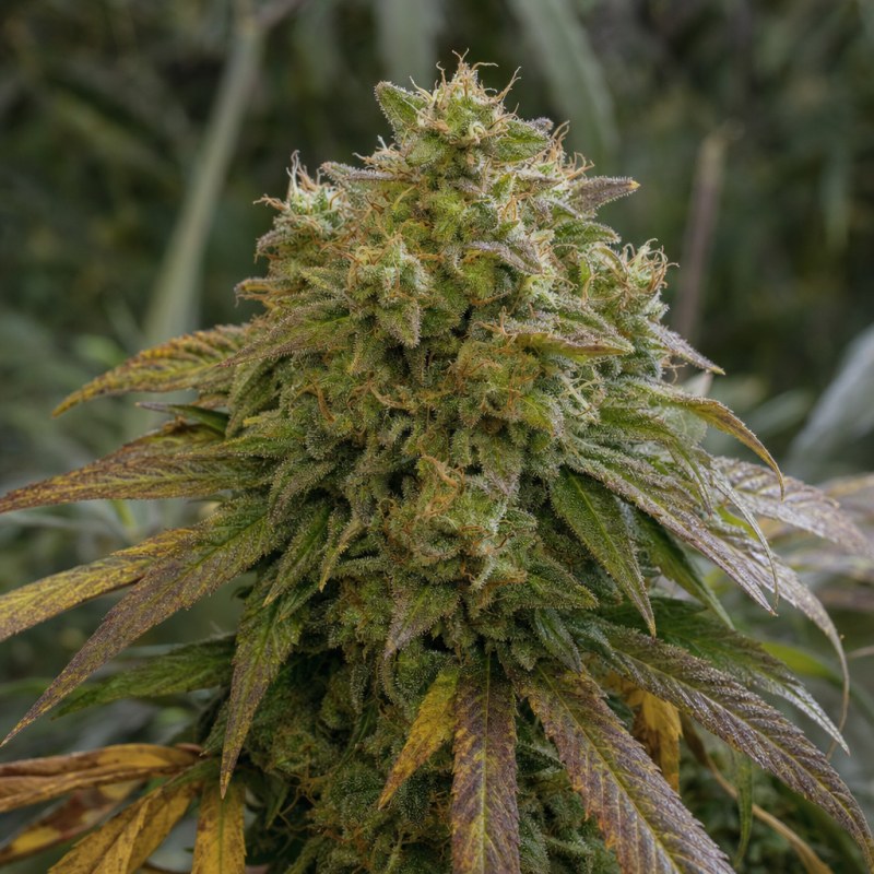 Outdoor macro photograph of the Larry OG flower on a living plant