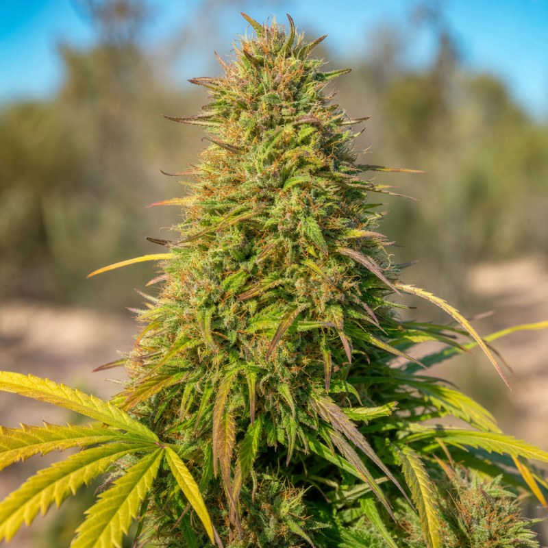 Outdoor macro photograph of the Canadian Haze flower on a living plant