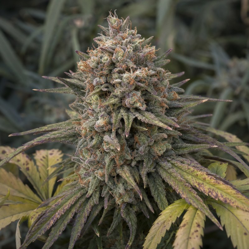 Outdoor macro photograph of the Moonshine Cookies Auto flower on a living plant