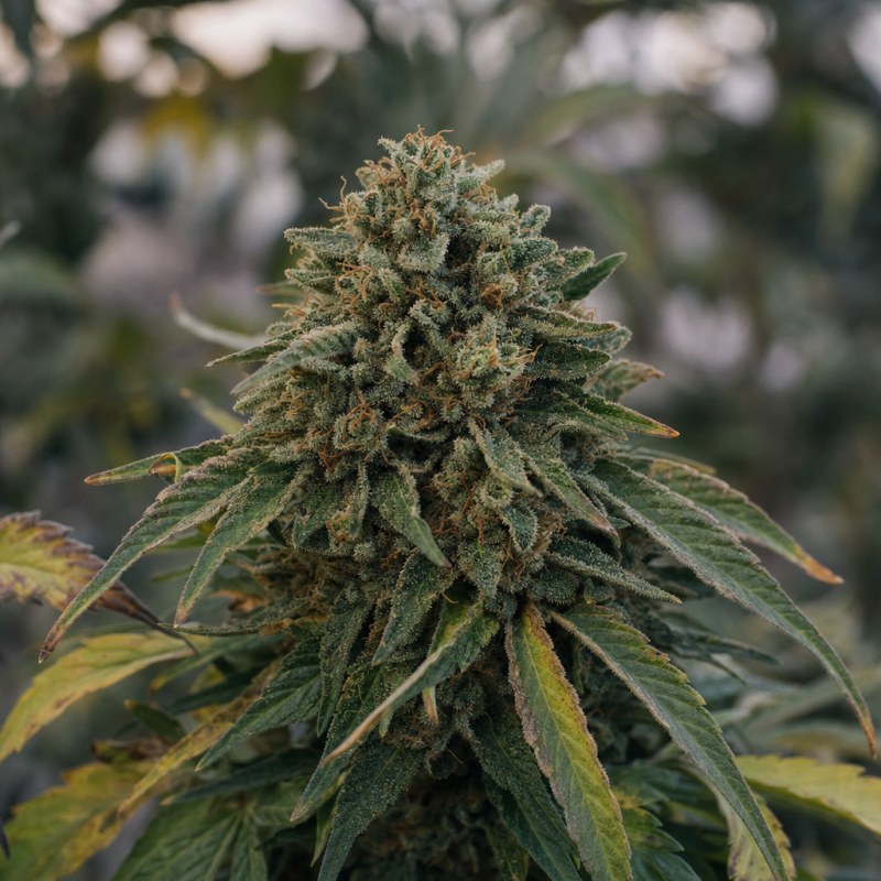 Outdoor macro photograph of the Cookies and Cream Auto flower on a living plant