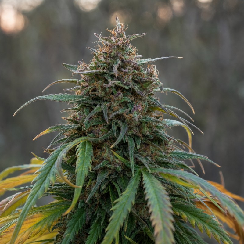 Outdoor macro photograph of the Chocolope Auto flower on a living plant
