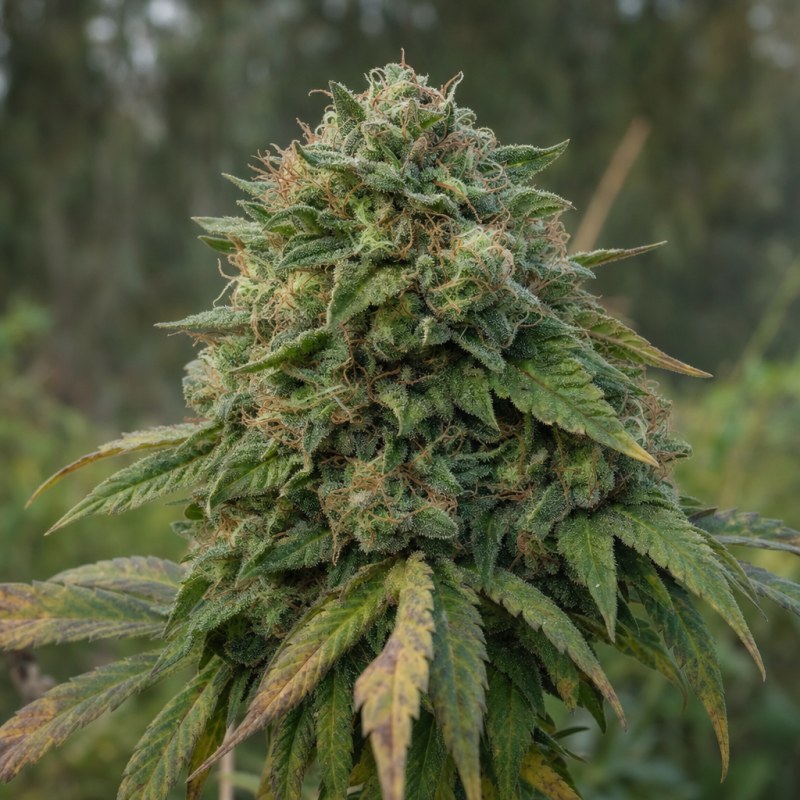 Outdoor macro photograph of the Pink Rozay Auto flower on a living plant