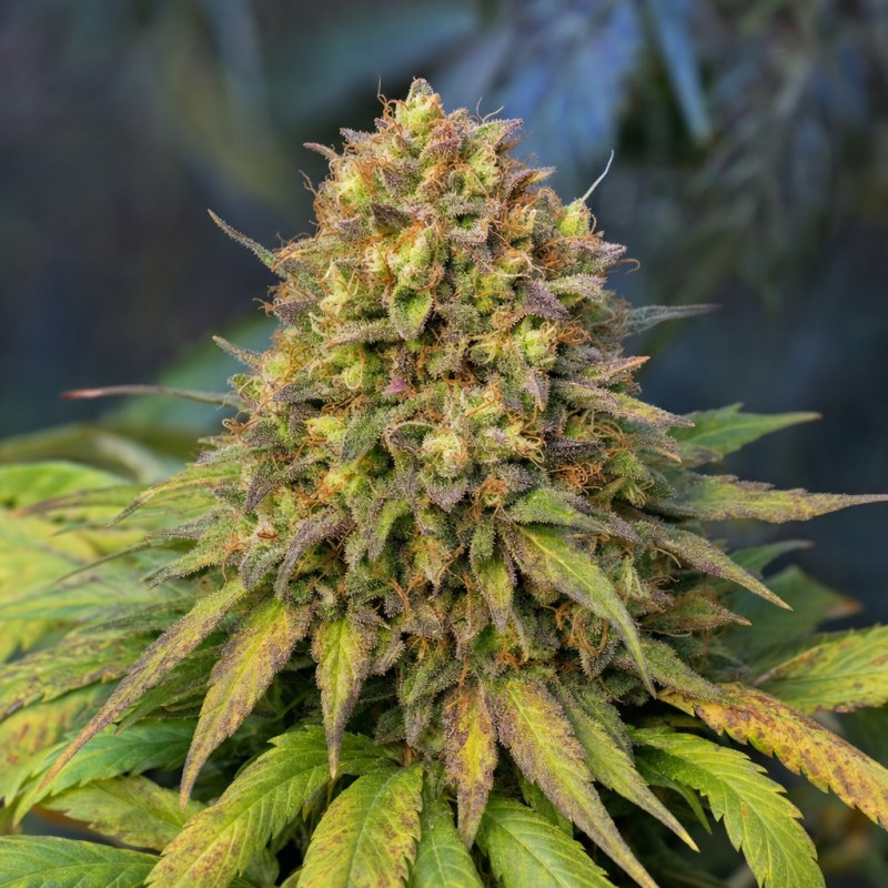 Outdoor macro photograph of the Sleepy Joe OG Auto flower on a living plant
