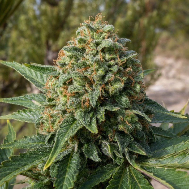 Outdoor macro photograph of the OG Kush flower on a living plant