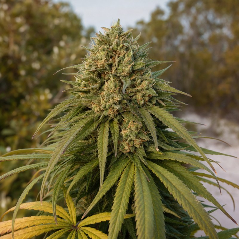 Outdoor macro photograph of the Humboldt Auto flower on a living plant