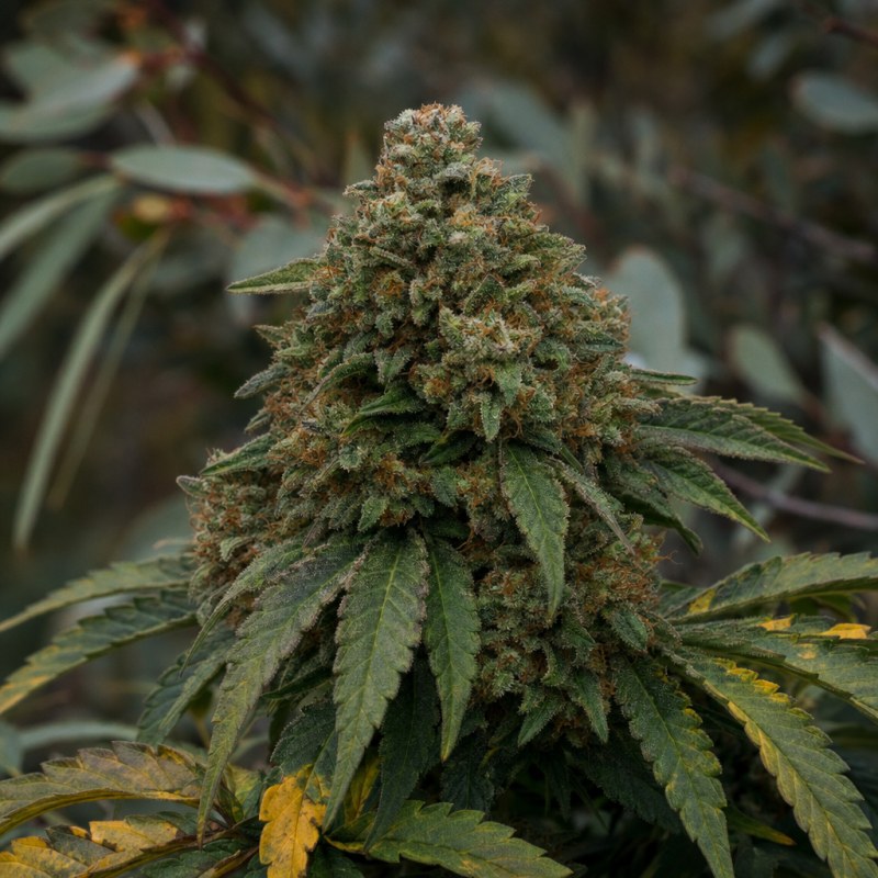 Outdoor macro photograph of the Northern Lights X Big Bud flower on a living plant