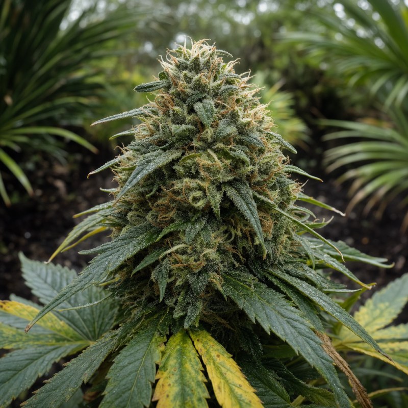 Outdoor macro photograph of the Gorilla Cookies flower on a living plant