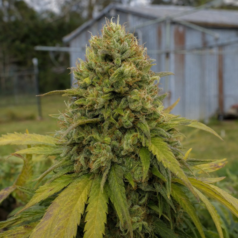 Outdoor macro photograph of the Snoop Dogg OG flower on a living plant