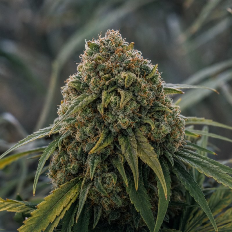 Outdoor macro photograph of the Banana Zkittlez Auto flower on a living plant