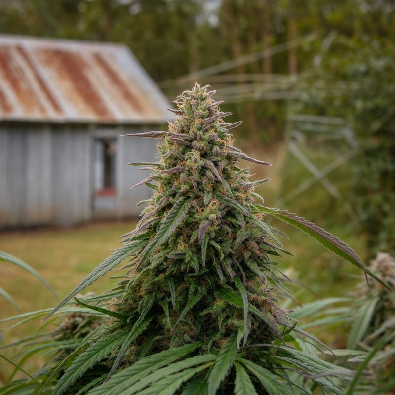 Outdoor macro photograph of the Amnesia Haze x Blueberry Auto flower on a living plant