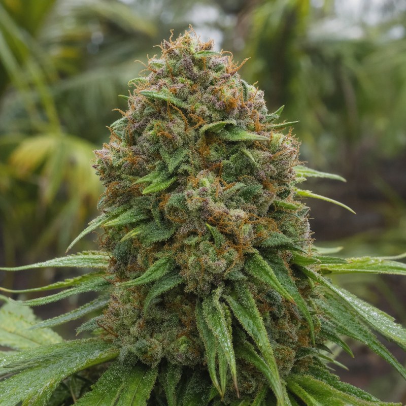 Outdoor macro photograph of the Blueberry Kush flower on a living plant