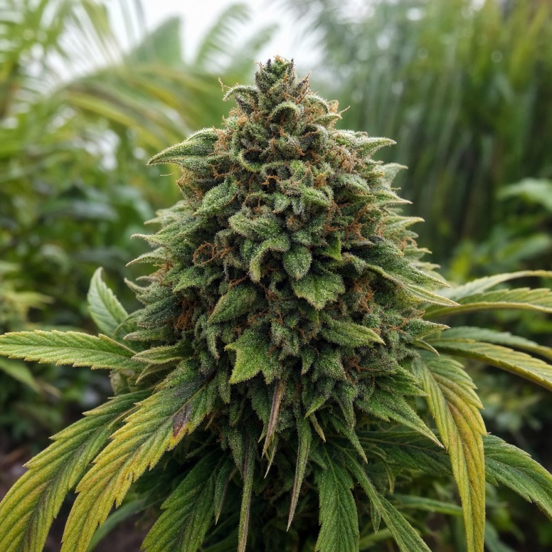 Outdoor macro photograph of the Gush Mints Auto flower on a living plant