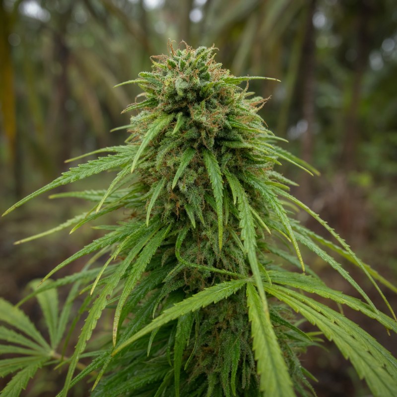Outdoor macro photograph of the Lamb's Bread Auto flower on a living plant