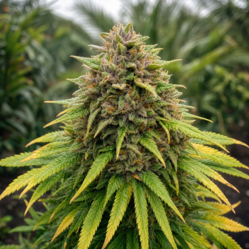 Outdoor macro photograph of the Forbidden Runtz Auto flower on a living plant