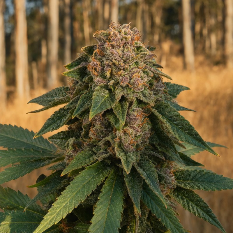 Outdoor macro photograph of the Plushberry Auto flower on a living plant