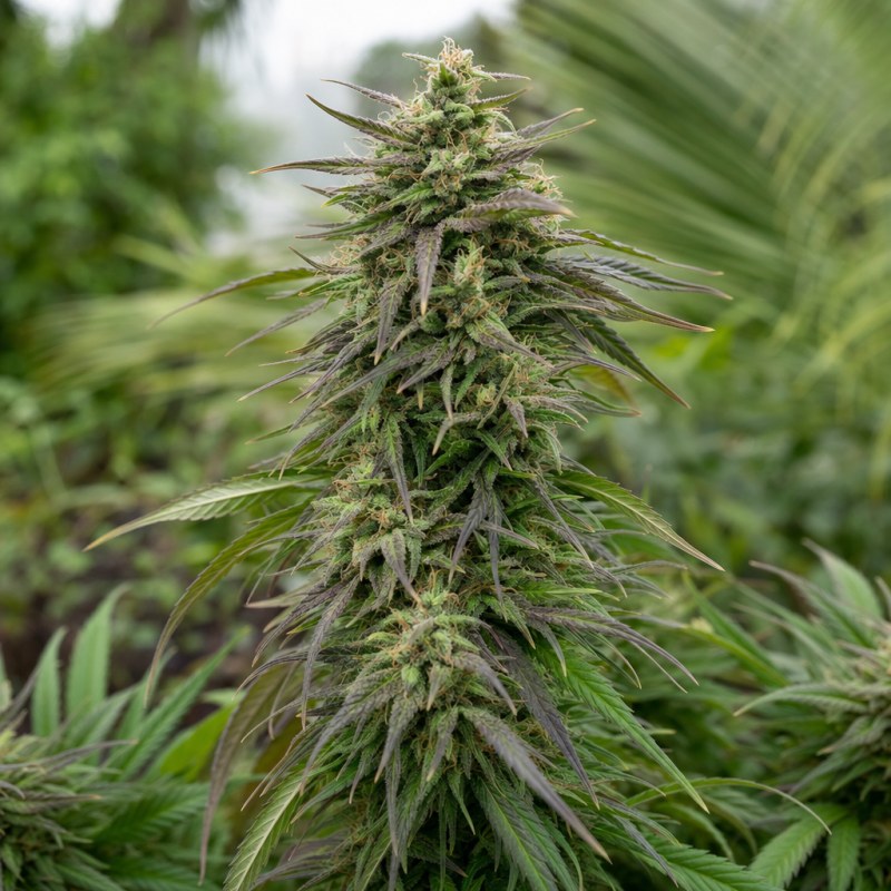 Outdoor macro photograph of the Haze #1 Regular flower on a living plant