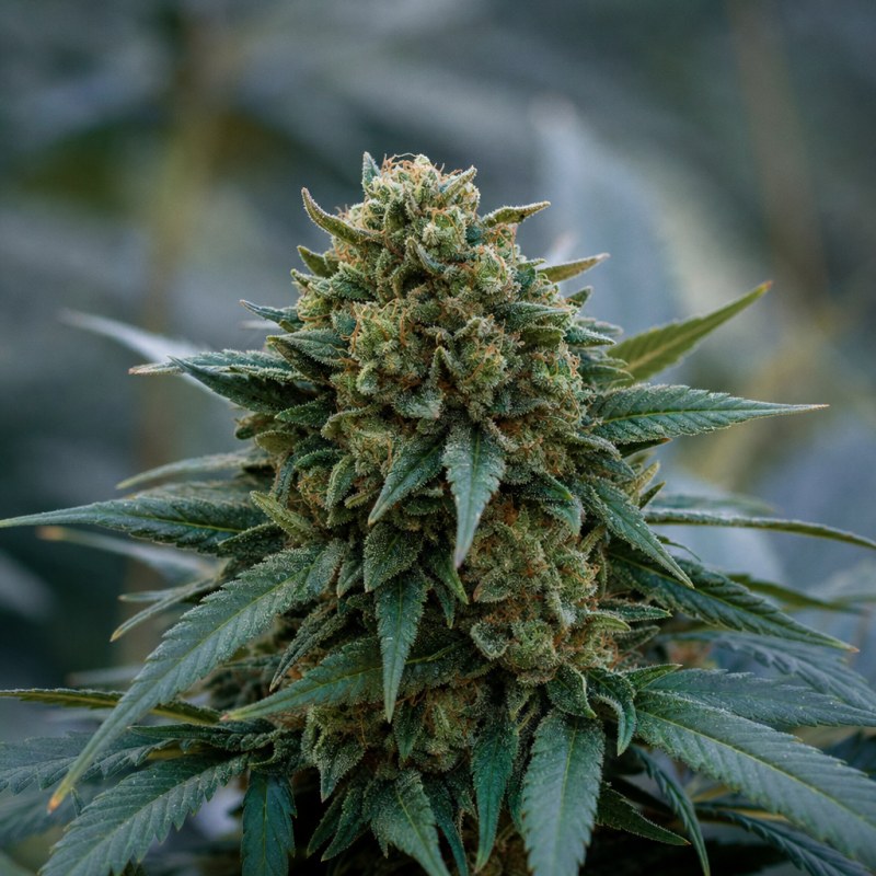 Outdoor macro photograph of the Cheese Auto flower on a living plant