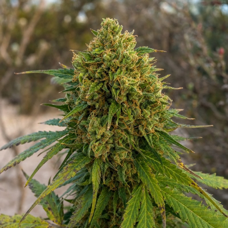 Outdoor macro photograph of the Auto CBD Med Go flower on a living plant