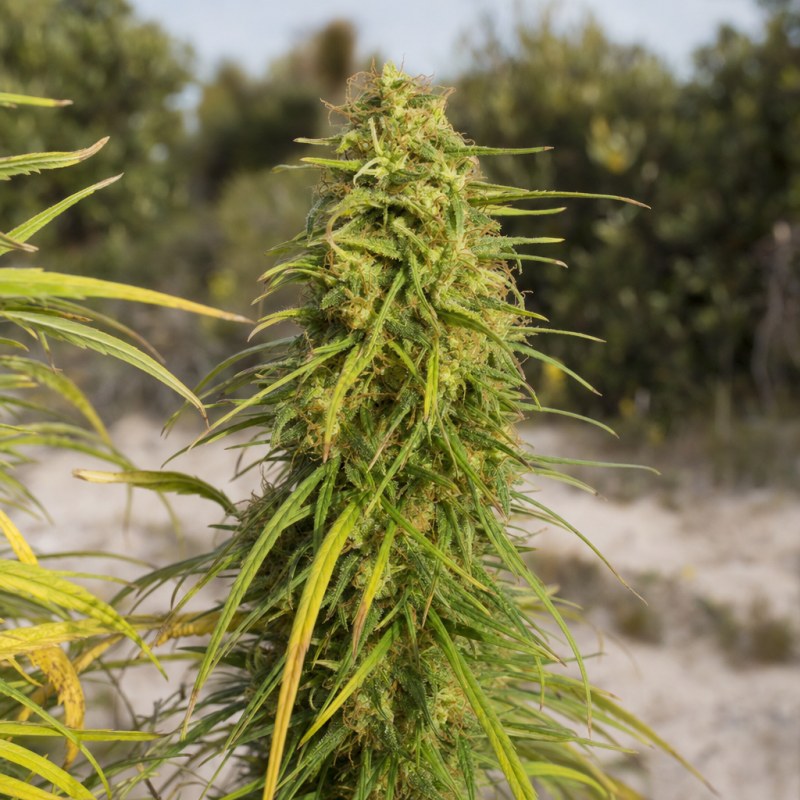 Outdoor macro photograph of the Amnesia Lemon flower on a living plant