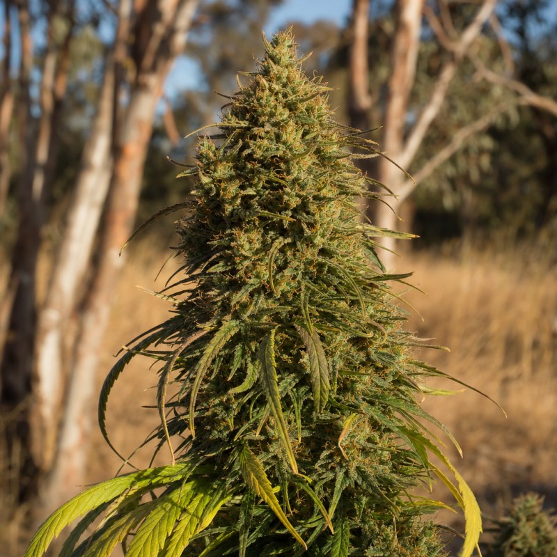 Outdoor macro photograph of the Neville Haze Auto flower on a living plant