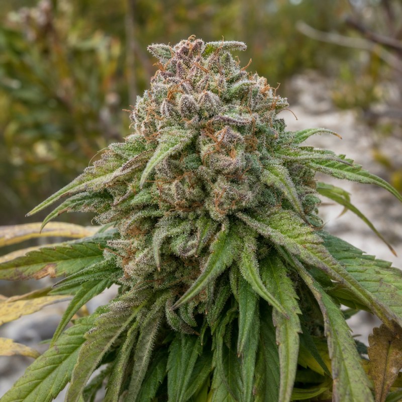 Outdoor macro photograph of the Gorilla Purple Auto flower on a living plant