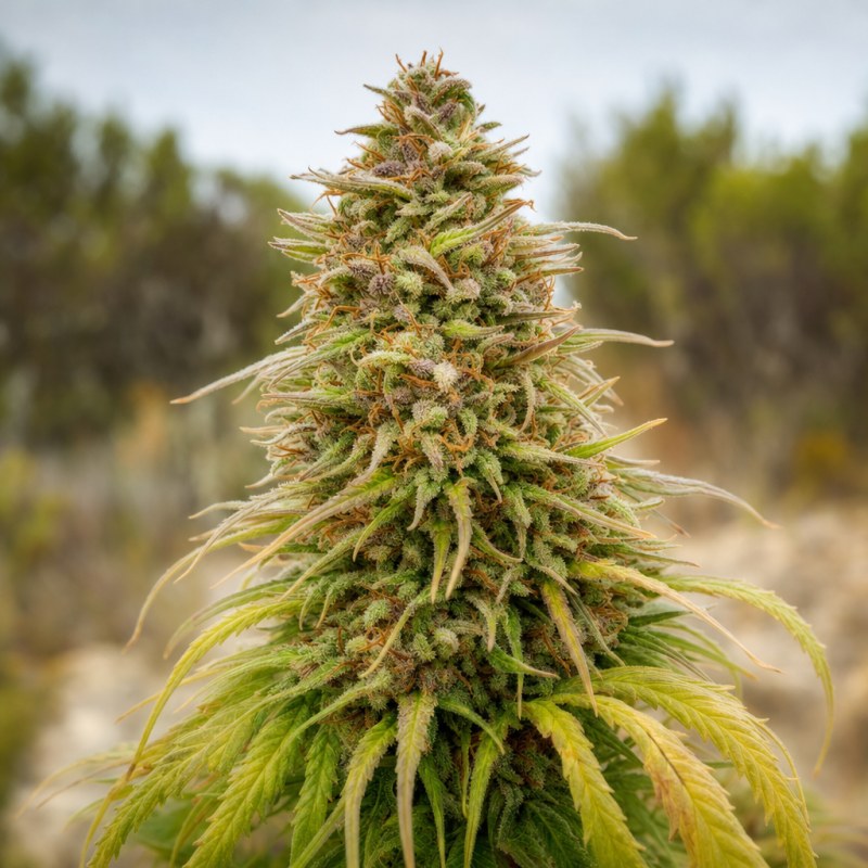 Outdoor macro photograph of the Bruce Banner x Grape flower on a living plant