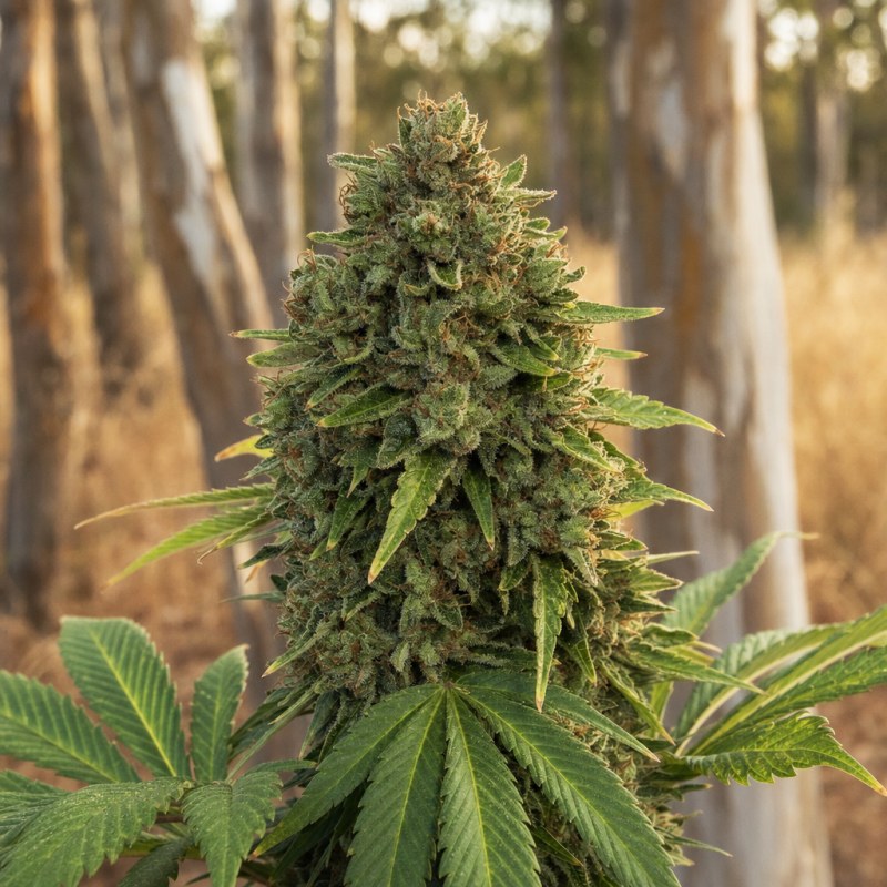Outdoor macro photograph of the White Widow Auto flower on a living plant