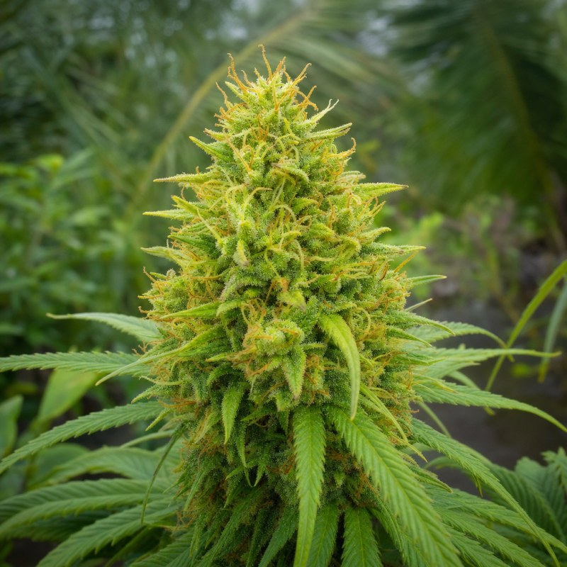 Outdoor macro photograph of the CBD White Widow flower on a living plant