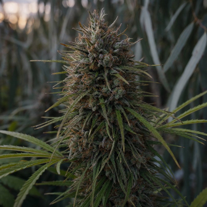 Outdoor macro photograph of the AK-47 flower on a living plant