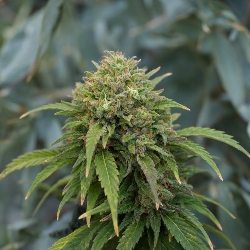 Outdoor macro photograph of the CBD Purple Kush Auto flower on a living plant