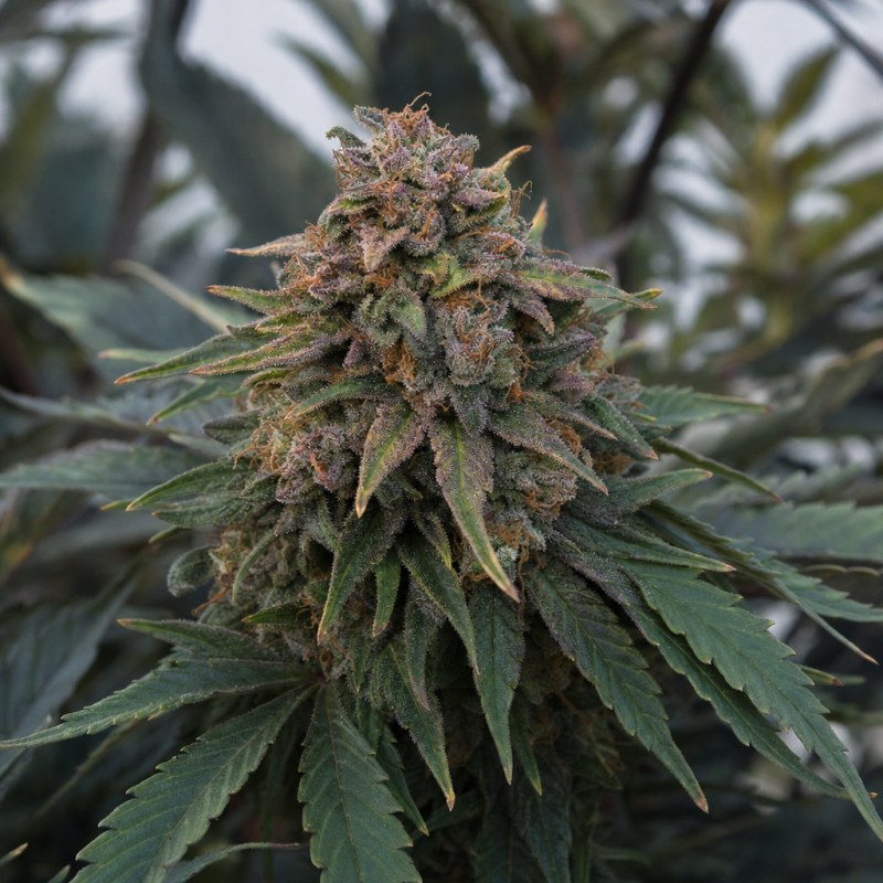 Outdoor macro photograph of the Blueberry Auto flower on a living plant